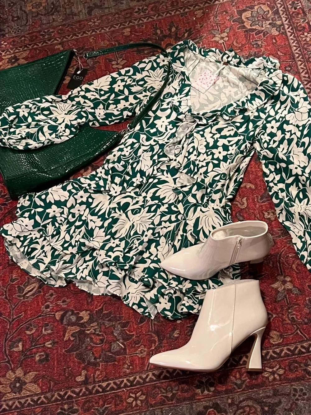Free People XS Emerald Green & White Floral Ruffle Mini Dress NWT